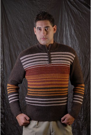 Channeled sweater with striped high neck and half zipper